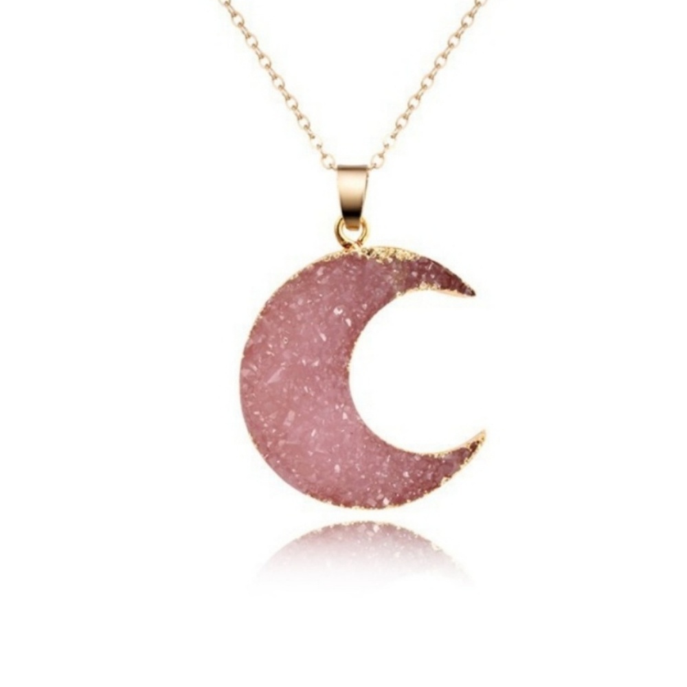 Pink Druzy Crescent Moon Necklace
